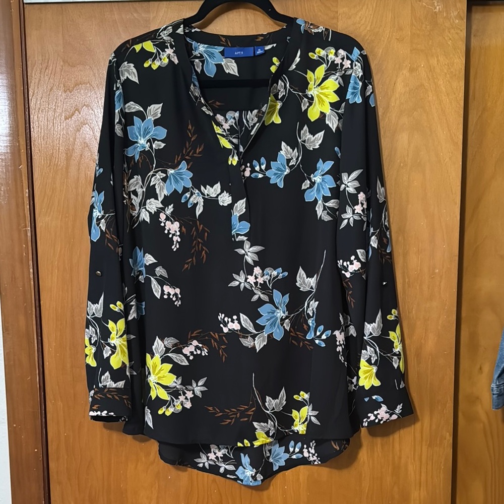 Apt. 9 Black Blouse with Blue and Yellow Floral Print